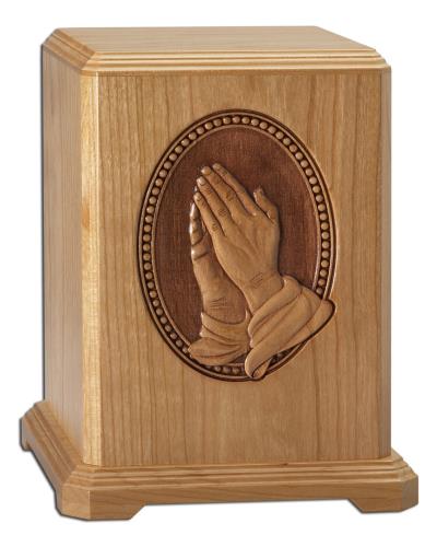 cherry hardwood cube cremation urn with laser carved praying hands